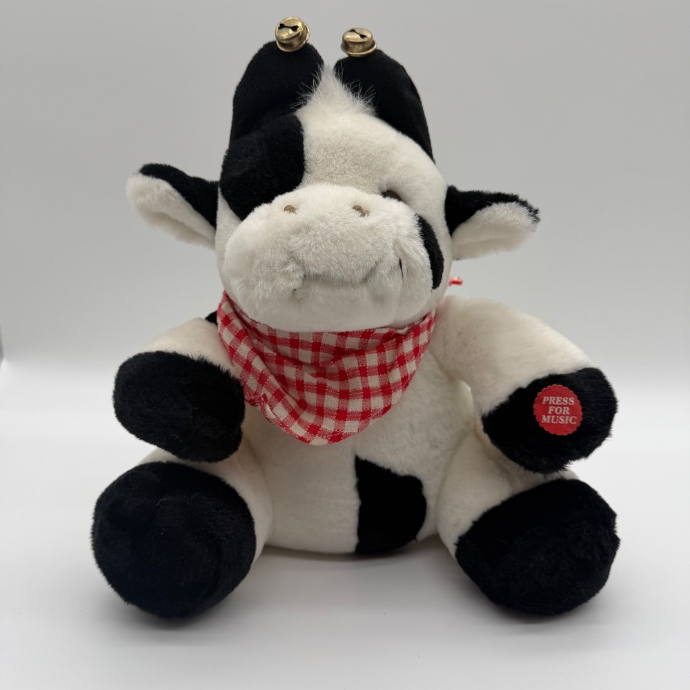 Vintage Angel Toy Musical Cow Plush Black White Spotted Red Gingham Bandana 9"